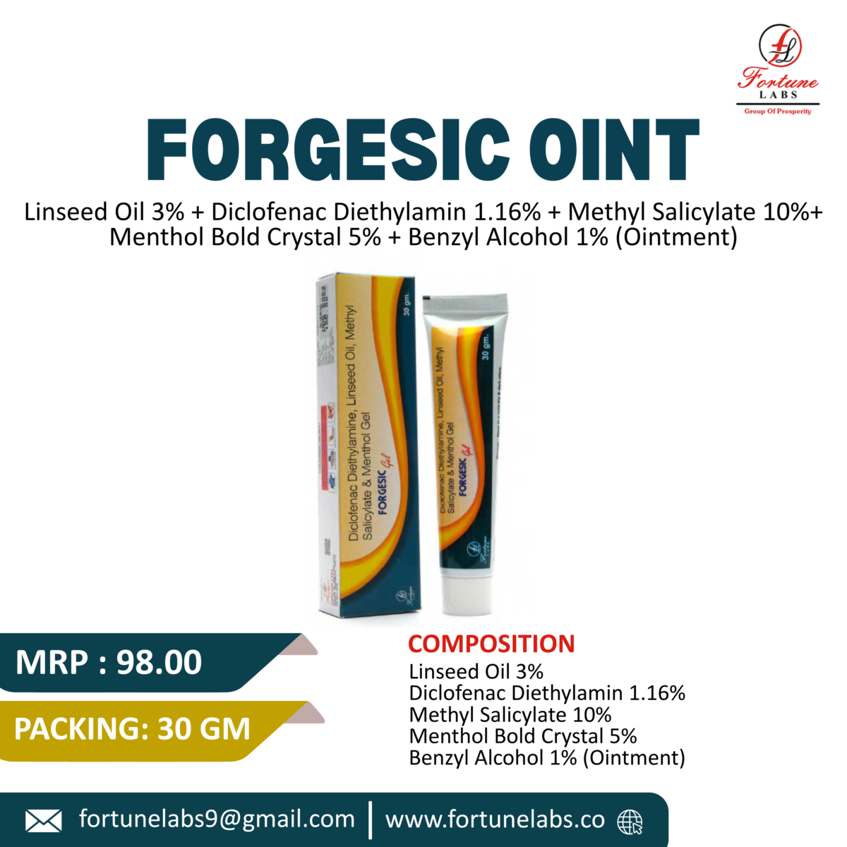 Diclofenac Diethylamine, Linseed Oil, Methyl Salicylate & Menthol Gel 30GM