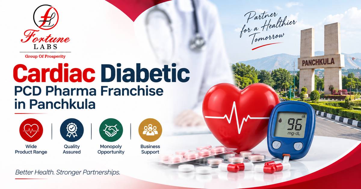 Fortune Labs banner featuring a heart, ECG graphic, glucose meter, pharmaceutical products, and Panchkula landmark.