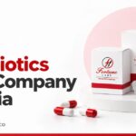 Fortune Labs antibiotics PCD company banner with logo-branded medicine packets, capsules, and a tablet blister pack.