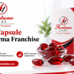 Fortune Labs promotional banner featuring red softgel capsules, branded pharmaceutical packaging, and softgel PCD pharma franchise information in India.